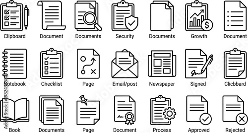 business document and office paperwork icon set, management and report file collection, contract agreement and checklist symbols on transparent background