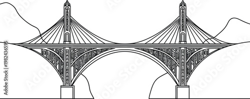Black and white line art illustration of a cable stayed suspension bridge.