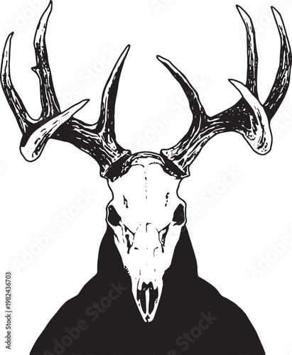 Deer Skull with Antlers Illustration, illustration of a deer skull with large, branching antlers, for tattoo designs, outdoor or hunting themes, rustic branding, or alternative fashion graphics.