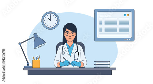 Female doctor with glasses writing medical report at office desk wearing white coat and blue gloves in clinical setting professional woman physician working in healthcare facility vector illustration.