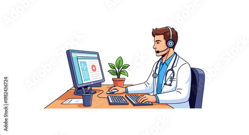 Male doctor with headset working at computer in call center providing remote medical consultation and telehealth services young professional physician using microphone in modern clinic workspace.