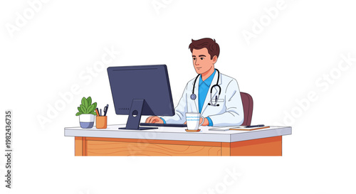Male doctor working on desktop computer at office desk in bright clinic wearing white coat and stethoscope professional healthcare provider focused on digital medical record management illustration.
