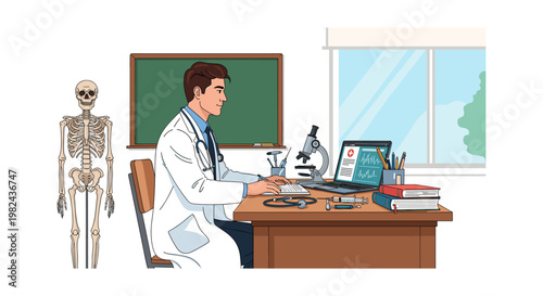 Medical doctor sitting at desk in office with skeleton illustration, doctor working on laptop, microscope and medical supplies on desk, healthcare concept.