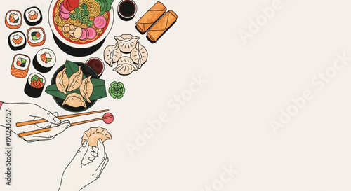 Asian Food Table Concept with Ramen Sushi Dim Sum and Spring Rolls Flat Vector Illustration