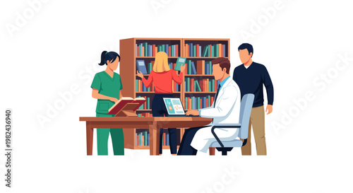 Medical team collaborating in library, doctor using laptop at desk, nurse reading a book, woman organizing books on shelves, and man observing, group study environment.