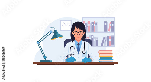 Female doctor in glasses and stethoscope diligently writing notes at desk, illuminated by desk lamp, with bookshelf and stack of books in background.