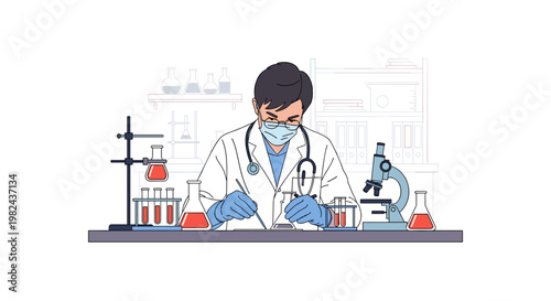 Male researcher in face mask and gloves performing experiment in chemical laboratory vector illustration professional chemist working with test tubes and microscope for pharmaceutical development.