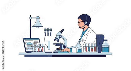 Scientist working on computer with microscope on desk, performing laboratory research, analyzing data on laptop, conducting experiments and medical tests for scientific discovery.