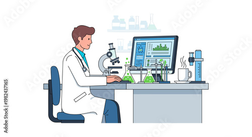 Scientist in lab coat working with microscope and computer, analyzing experiment data on screen, surrounded by glassware and chemical solutions in a modern research laboratory.
