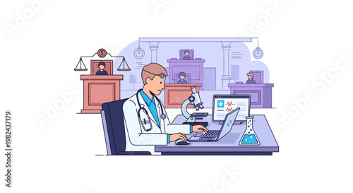 Medical expert working on laptop with microscope, analyzing forensic evidence in a courthouse setting, preparing for testimony in a legal or scientific investigation.