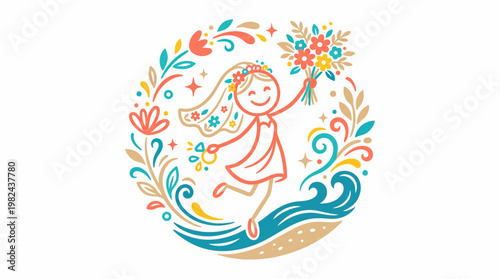 Joyful Bride Celebrating Wedding with Bouquet and Floral Frame