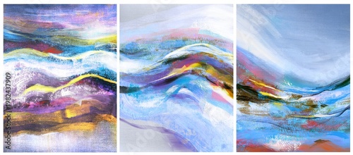Set of abstract interior posters, modern colorful creative art, contemporary painting, triptych, combo of posters in blue purple yellow, abstract watercolor background with watercolor painting