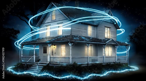 Eerie Victorian House at Night with Glowing Energy Field - Spooky Haunted Home Concept for Halloween Horror and Fantasy Design Projects