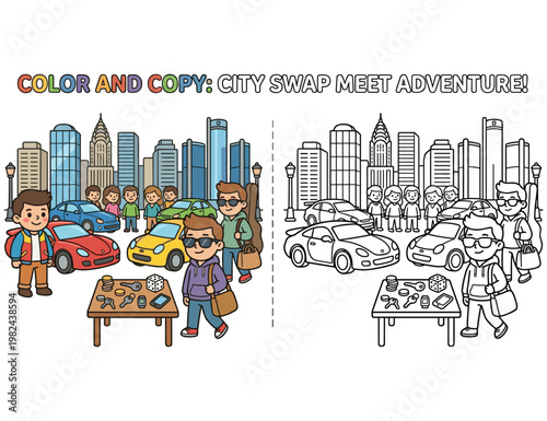 City swap meet adventure coloring worksheet with tall skyscrapers cars people and objects.