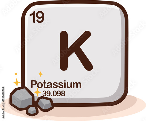 illustration of potassium chemical element from the periodic table with symbol K and atomic number 19. Educational chemistry design with gray mineral chunks and sparkle symbols