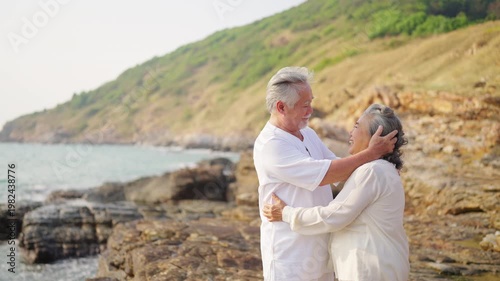 Asian senior couple embracing on seaside cliff, elderly enjoying romantic moment together, happy retirement lifestyle, love and relationship in old age, travel nature outdoor activity by the ocean