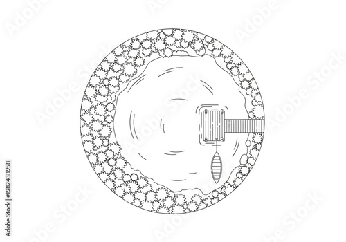 Top-down view of a serene pond with a small wooden dock and a rowboat