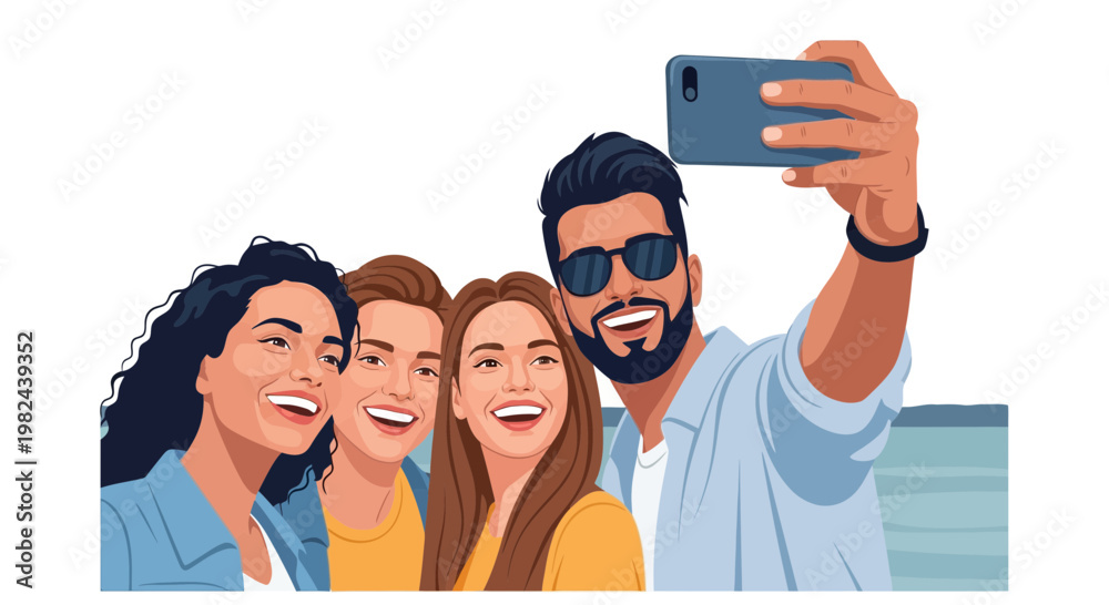 Obraz premium Group of friends taking a selfie at the beach during a sunny day with smiles and laughter