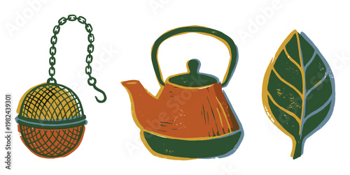 Tea set with teapot, tea infuser, and leaf illustration in rustic style