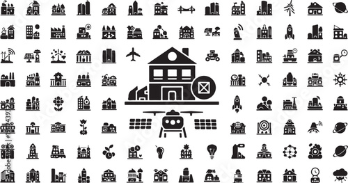Black and white school building icons design