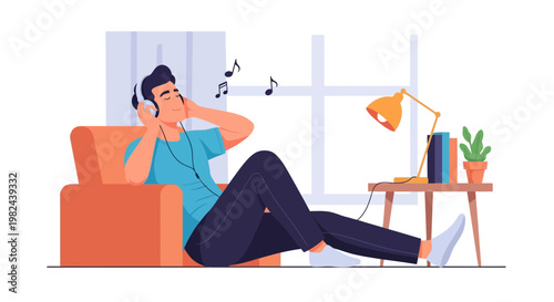 Man listens to music while sitting on couch in modern living room during daylight hours