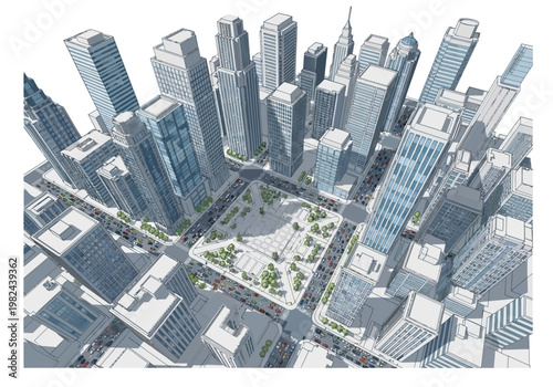 Aerial view of a bustling metropolis, showcasing skyscrapers and a central park with trees and cars