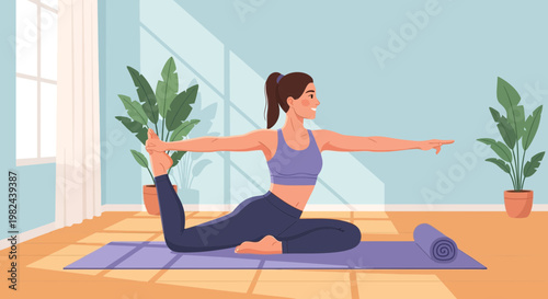 Yoga practice in a bright room with plants during the day