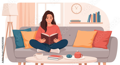 Reading a book while sitting on a couch in a living room with a cup of tea and cozy atmosphere in the evening