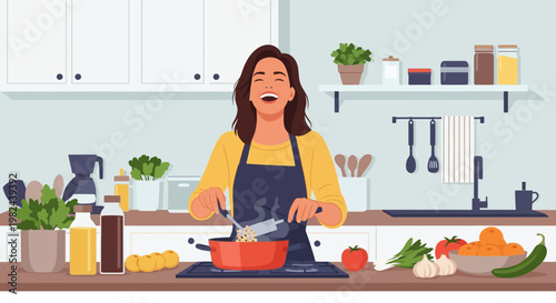 Cooking in the kitchen with fresh ingredients and a smile during afternoon time