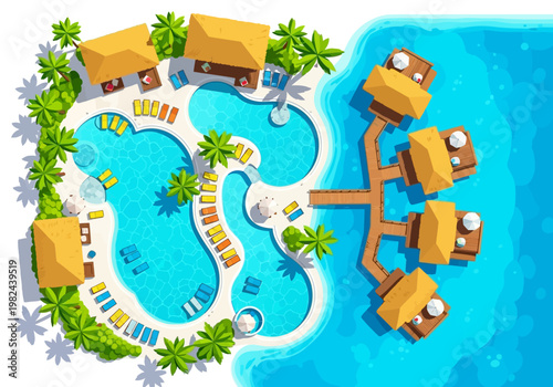 Aerial view of a tropical resort with overwater bungalows and swimming pools, perfect for vacation planning