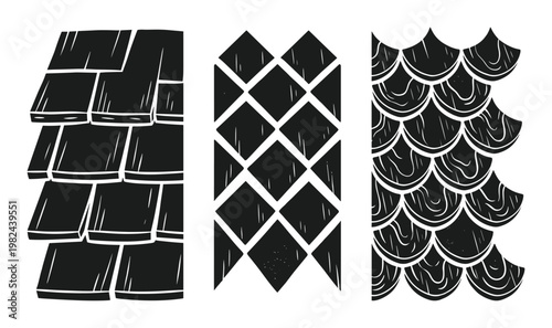 Tile patterns: roof shingles, diamond grid, and fish scales black and white