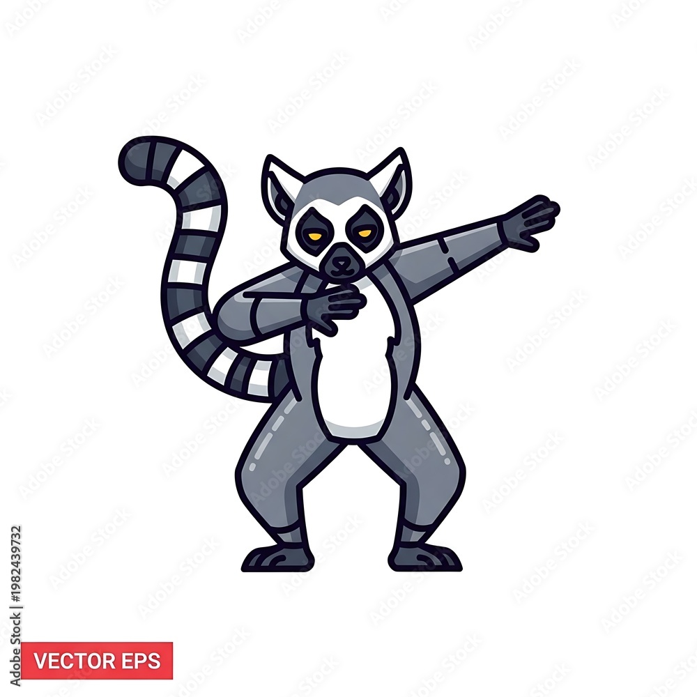 Fototapeta premium Cartoon illustration featuring a ring-tailed lemur in a dab pose, showcasing a grey and white color palette. Its tail is striped, and it has an expressive face