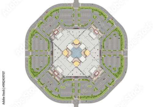 Top-down aerial view of a modern shopping mall complex with expansive parking lots and green spaces