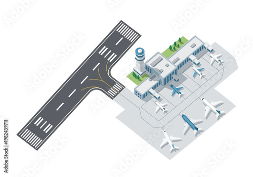 Airport terminal with runway and airplanes aerial view isometric illustration