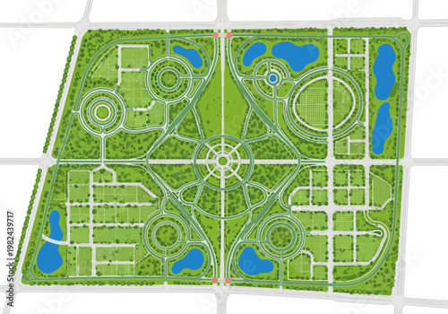 Aerial View of a Modern City Park Design with Green Spaces and Water Features