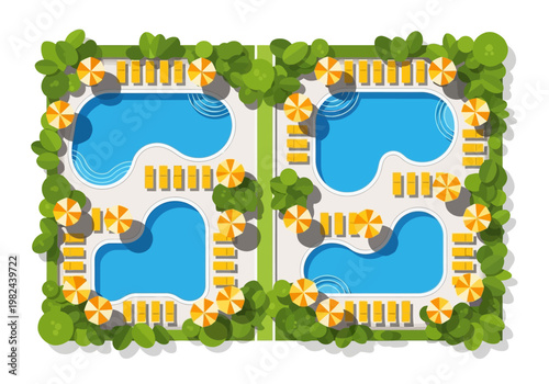 Aerial view of a luxurious resort with multiple swimming pools and lounge chairs surrounded by lush greenery