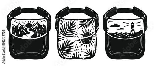 Visors with Mountains, Tropical Leaves and Lighthouse Graphics
