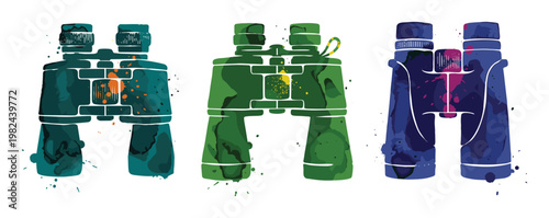 Watercolor binoculars set, colorful optic device silhouette, three models