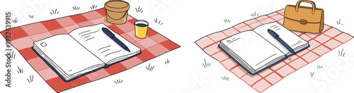 Hand drawn style of an open notebook with a pen on a picnic blanket, a cup and a flower pot nearby, isolated on a black background