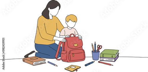 Mother helps child pack a backpack with school supplies on a black background in a hand-drawn style illustration.