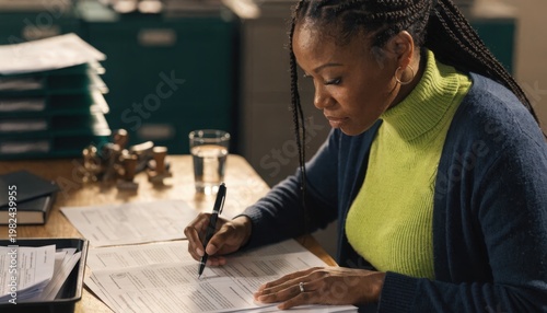 Medium shot of a title agent checking notarized signatures on residential real estate closing papers file folders and stamping tools softly out of focus.