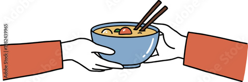 Two hands exchanging a bowl of soup, isolated on a transparent background, featuring chopsticks and colorful ingredients, in a hand-drawn style, warm colors.