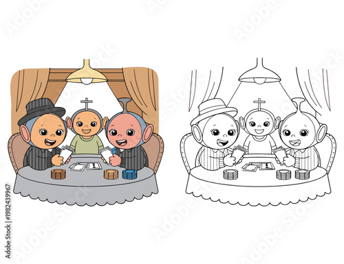 Cute cartoon characters playing cards at table with chips and coins.
