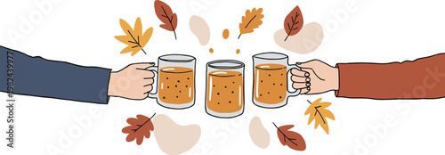 Hands holding mugs of beer in a hand drawn style surrounded by autumn leaves on a transparent background celebrating friendship and good times in a cozy gathering