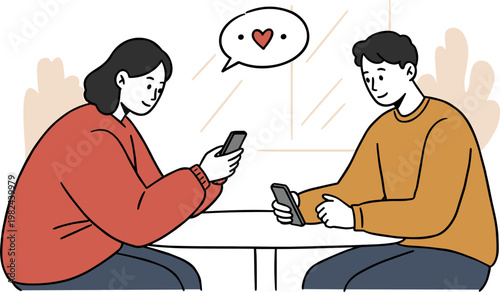 Two people sitting at a table using smartphones in a cozy café with a heart symbol on the wall, hand-drawn style on a transparent background.