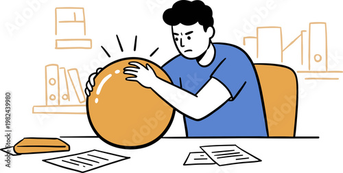 Frustrated young man leaning over a large orange sphere while sitting at a desk in an indoor setting surrounded by books and papers in a hand-drawn style