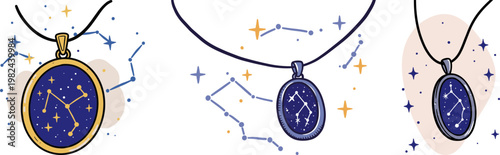 Hand drawn astrology pendants with constellations and stars on a transparent background, showing different designs and colors for astrology enthusiasts in a whimsical style