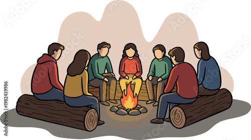 Group of people sitting around a campfire, storytelling and sharing experiences, cozy atmosphere in the woods, hand drawn style, on a transparent background