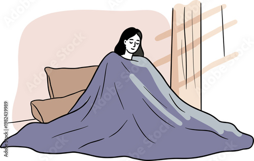 Young woman sitting on couch wrapped in blanket, relaxing indoors with sunlight streaming through window, hand drawn style on a transparent background