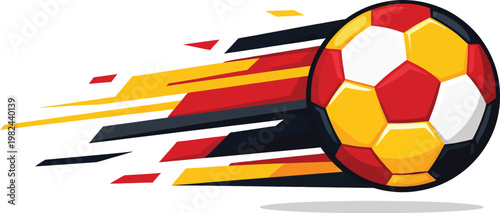 Dynamic soccer ball with speed motion trails, red yellow black football vector, fast flying sports ball graphic